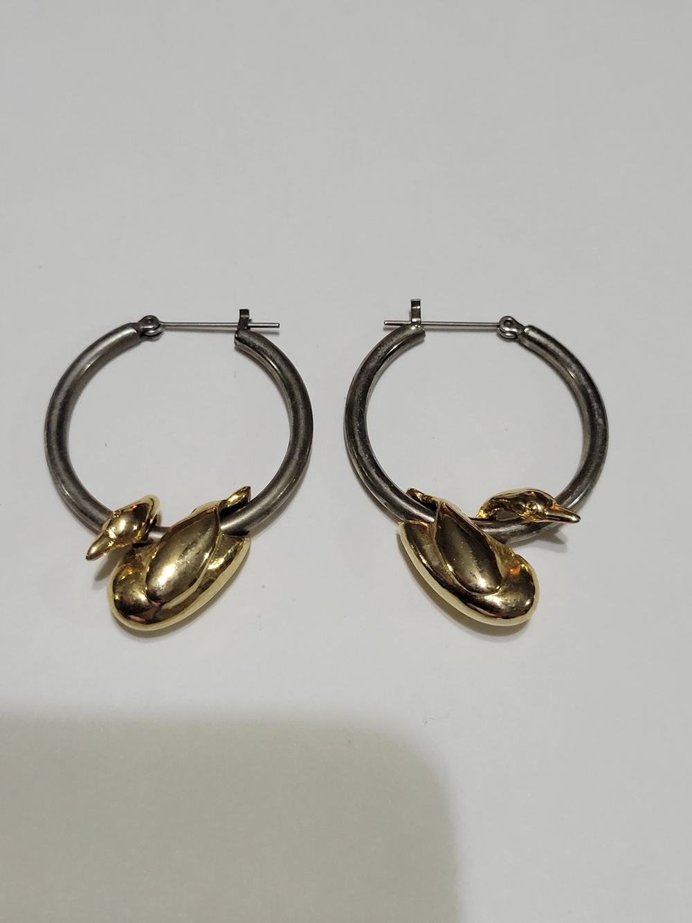 Two-Tone Gold & Silver Hoop Earrings with Gold Duck Charms